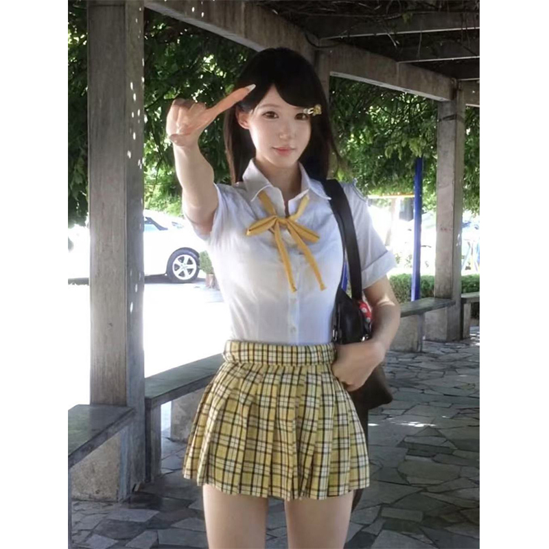 日系学院风基础款收腰短袖白色衬衫百搭格裙小杏中短裙原创JK制服
