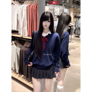 JK学院风凛凛JK格裙套装校供纯色V领藏青色针织毛衣基础上衣叠穿
