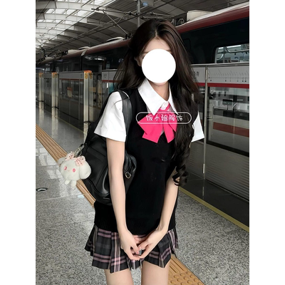Jk制服针织衫v领黑色毛衣马甲背心樱花妹叠穿衬衫上衣百搭JK短裙