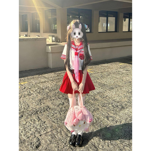 JK制服原创穿搭红三本长短袖衬衫水手中间服红JK裙学院校供感套装