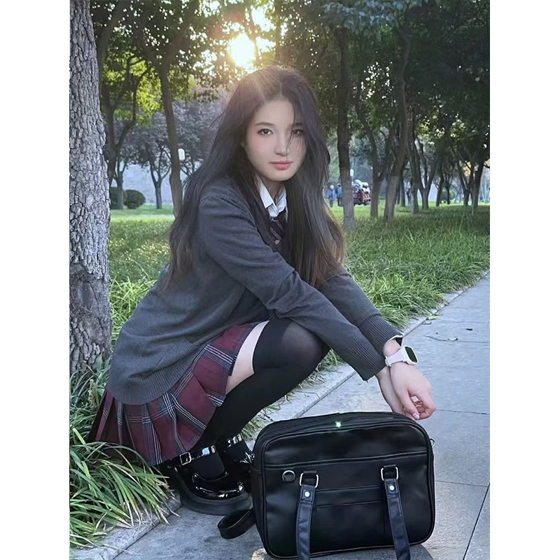 套装针织开衫薄款外套学院风穿搭叠穿基础款长袖上衣百搭短裙格裙
