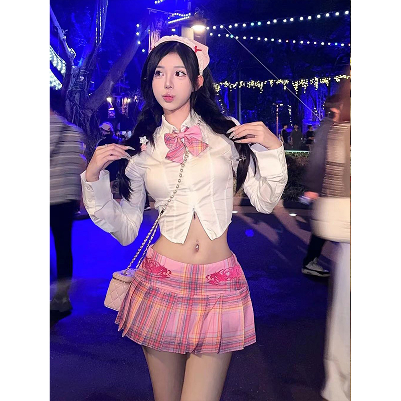 纯欲风穿搭拉链短款长袖衬衫百搭粉色格子超短裙2025JK制服整套装