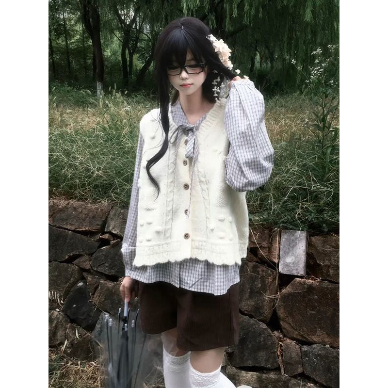 日系复古小个子软糯v领针织开衫马甲女+绑带设计格子衬衫两件套装
