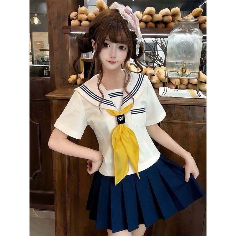 JK制服原创白领蓝三本短袖水手服海军蓝JK短裙新款学院风穿搭套装