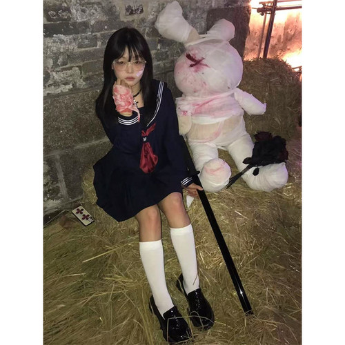 原创正版基础绀三本长袖中间服JK制服套装早秋日系不良水手服短裙