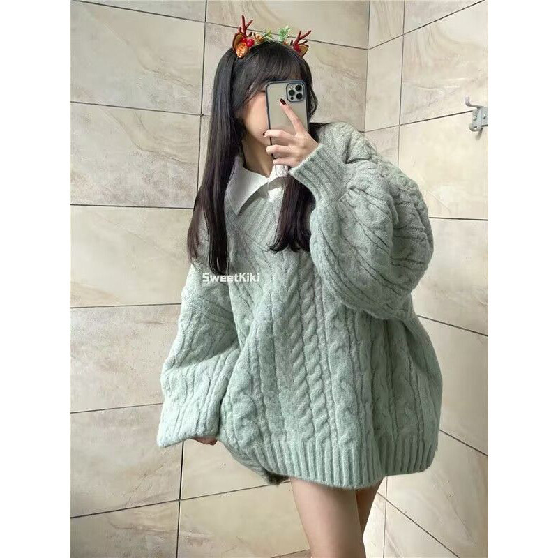 慵懒风复古加厚V领宽松灰色麻花毛衣女学生秋冬韩版百搭针织衫潮