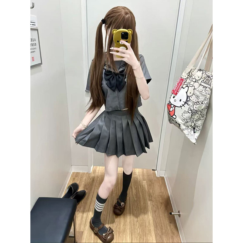 原创JK制服套装灰色二本水手服衬衫JK裙一整套装校供感学院风穿搭