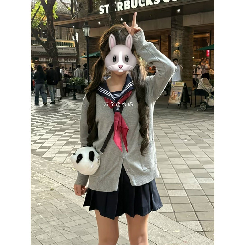 中间绀三本水手服叠穿百搭针织毛衣女秋冬保暖外套短裙学院风穿搭