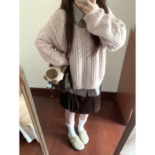 格纹衬衫 女秋冬季 上衣一整件套 甜美文艺温柔麻花针织毛衣长袖 韩版
