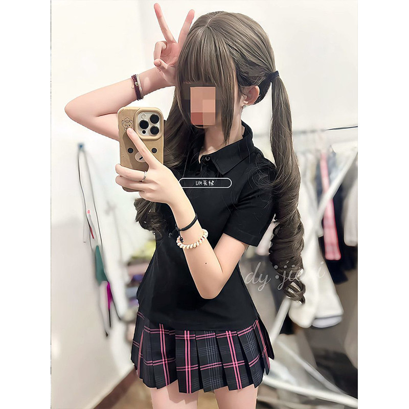 学院风夏季清新修身通勤Polo衫正肩运动设计校供感jk百褶格裙套装图片