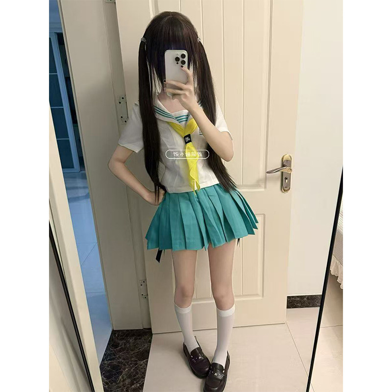 夏季新款JK制服软妹套装初音绿三本水手服搭配同色百褶裙一整套女