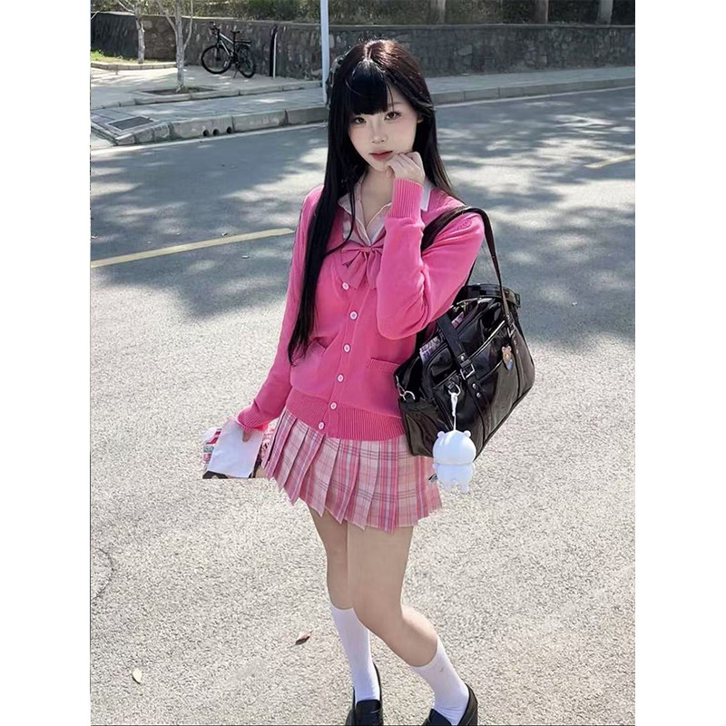 JK制服原创套装V领针织衫玫红开衫日系学院风穿搭叠穿粉衬衫上衣