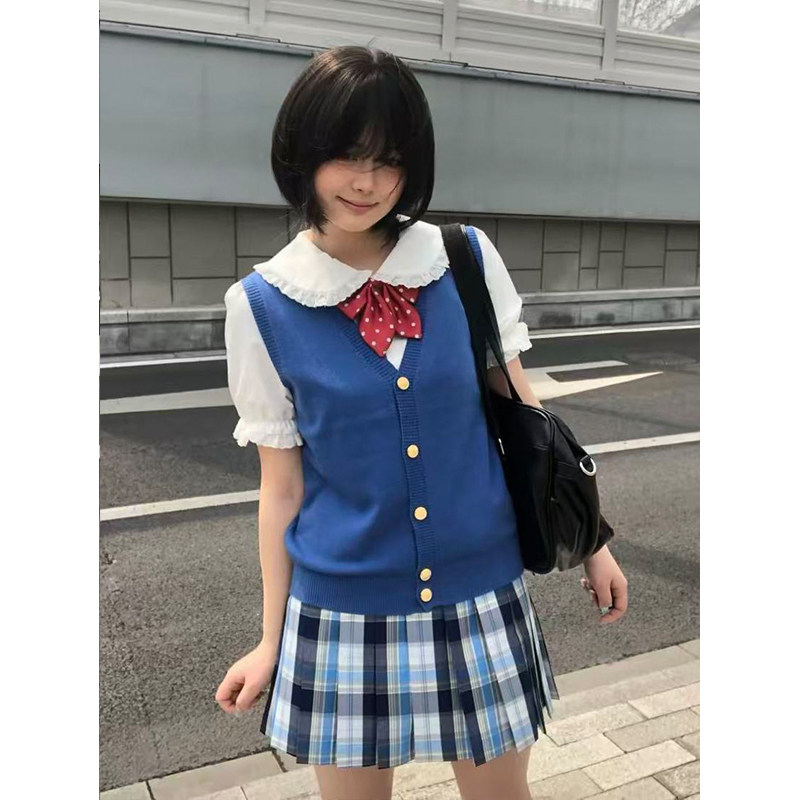 原创学院风校供感针织开衫马甲宝蓝色显瘦百搭2026新款夏季制服款