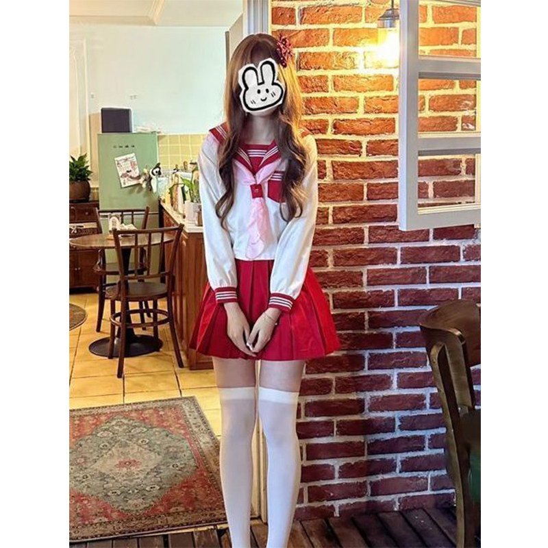 夏季新款红三本短袖长袖衬衫jk制服套装水手服中间服学院红JK短裙