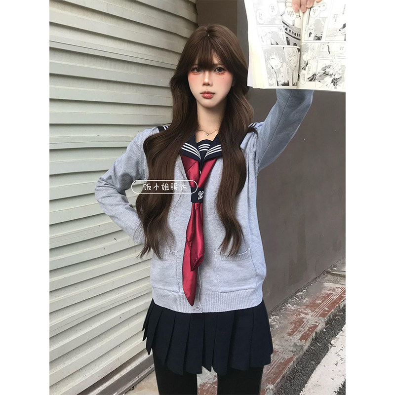 JK制服学院风纯色长袖针织开衫毛衣叠穿三本基础水手服日系套装女