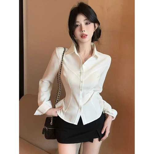法式御姐气质POLO领修身长袖衬衫jk制服女秋冬收腰感小众职业衬衣
