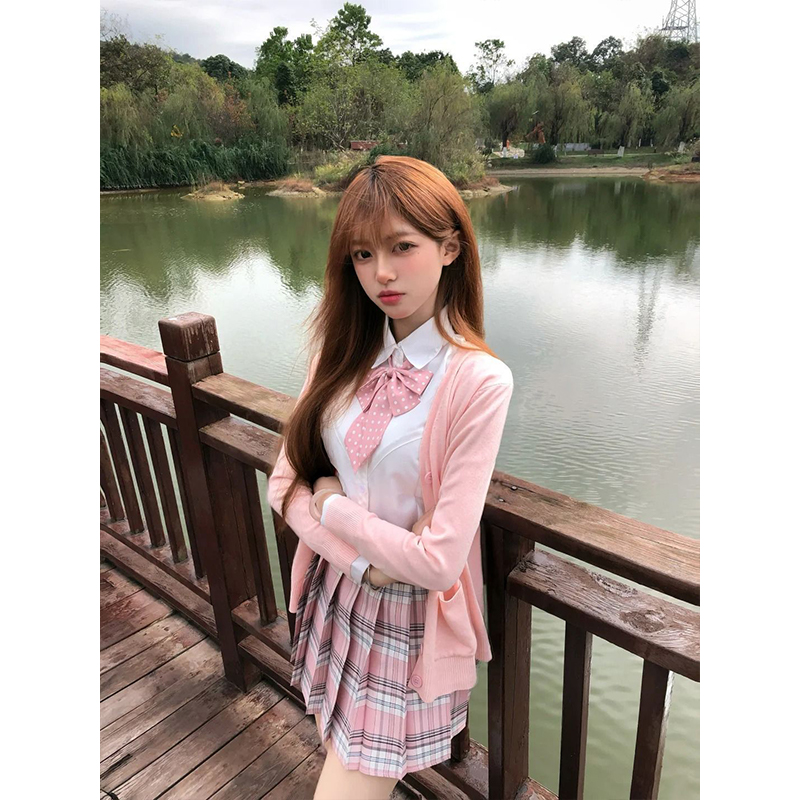 jk制服原创正版纯色长袖粉色针织衫开衫秋冬叠穿白桃格裙短裙套装