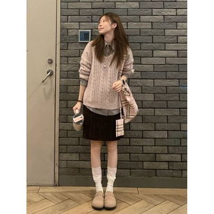 衬衫 毛衣女叠穿格纹长袖 学院风一整套穿搭软糯宽松粉色针织衫 法式