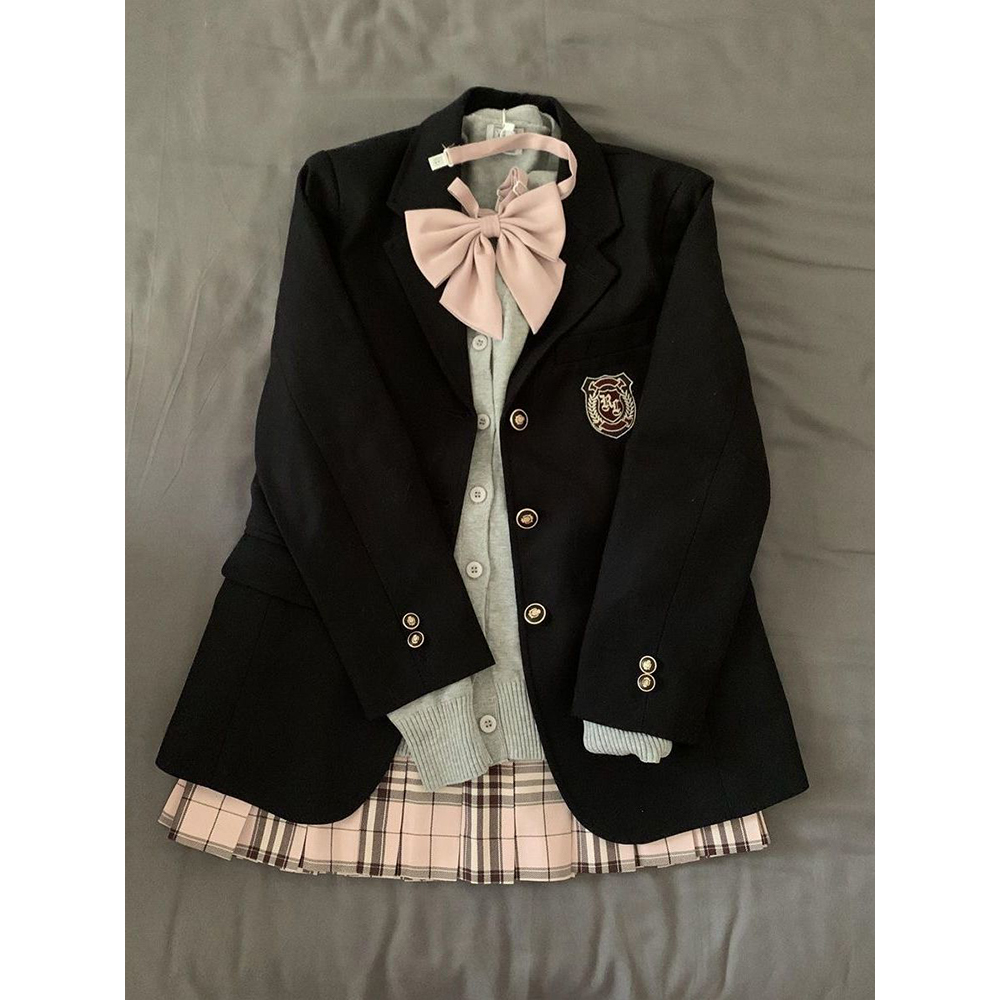 秋季新款韩系学院风西服套装女小众针织开衫西装外套格纹百褶短裙