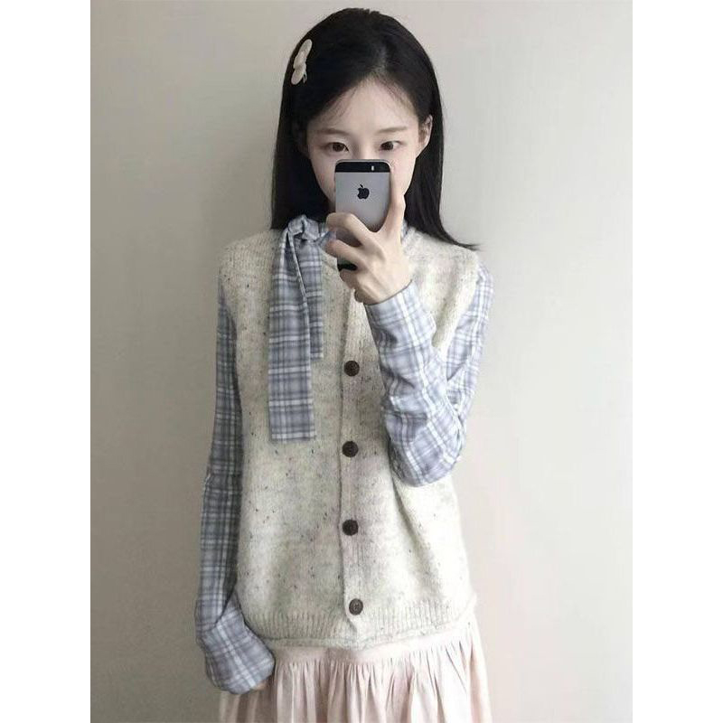 套装/单件韩系复古简约圆领软糯针织开衫马甲背心女+绑带格纹衬衫