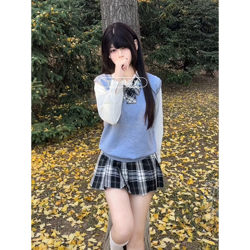 黑板报/日系JK制服学院风针织无袖背心叠穿长袖衬衫正版短裙套装
