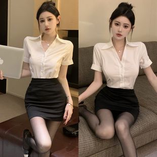 衬衣职业套装 女夏短袖 工作服OL制服 显瘦白色纯欲衬衫 性感V领修身