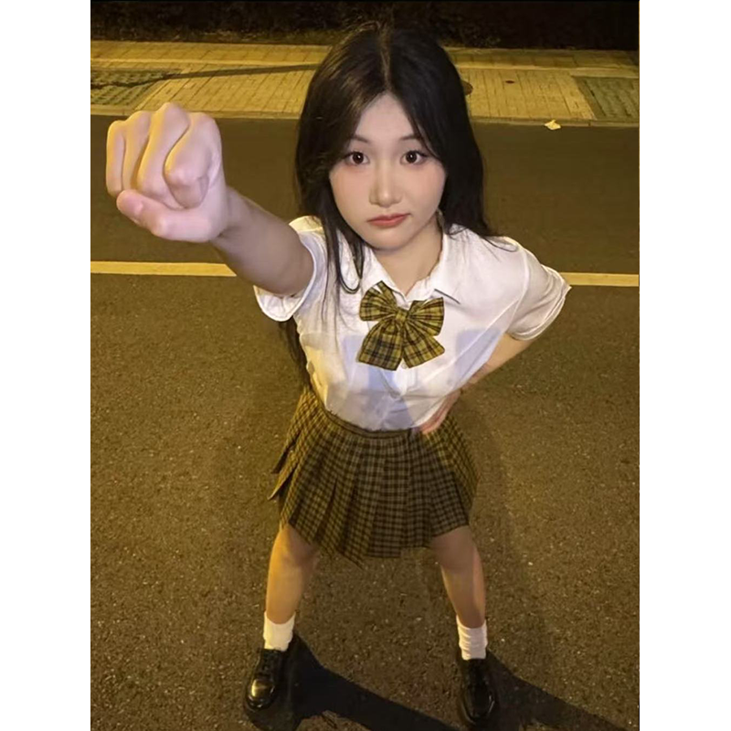 日系学院风收腰短袖白色衬衫百搭向日葵短裙JK格裙原创JK制服套装