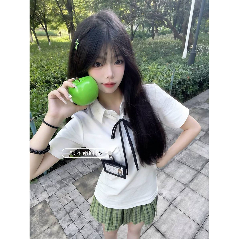 日系JK制服POLO衫学院风白色正肩显瘦短袖T恤小青梅格裙一整套夏