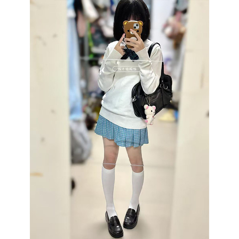 日系制服松蓝/JK百褶格裙套装甜美可爱套头毛衣针织衫校供学院风