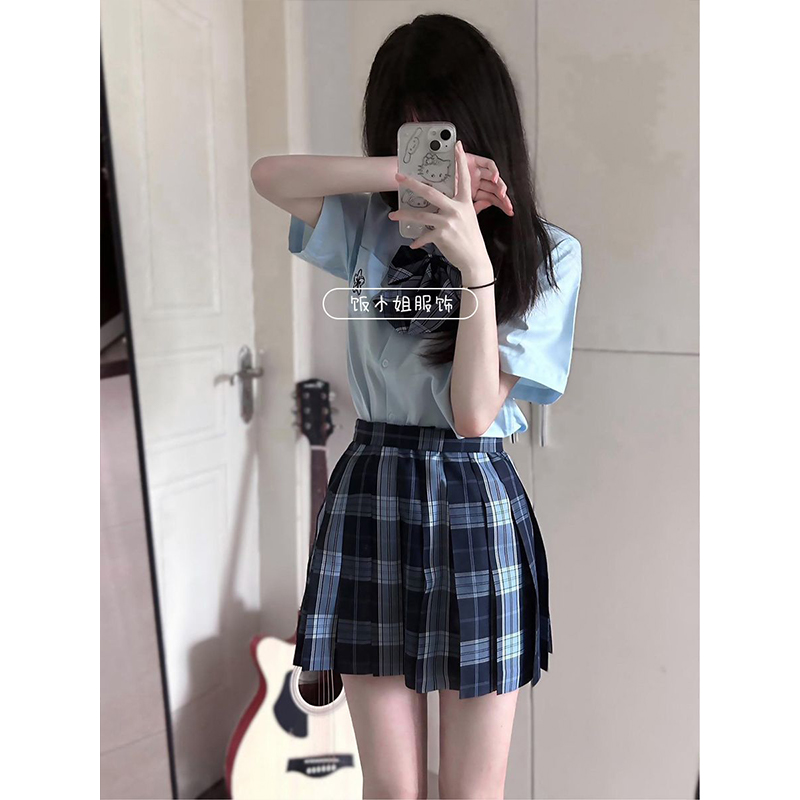 原创JK制服樱花衬衫休闲宽松蓝色短袖上衣jk小田凌JK格裙一整套装