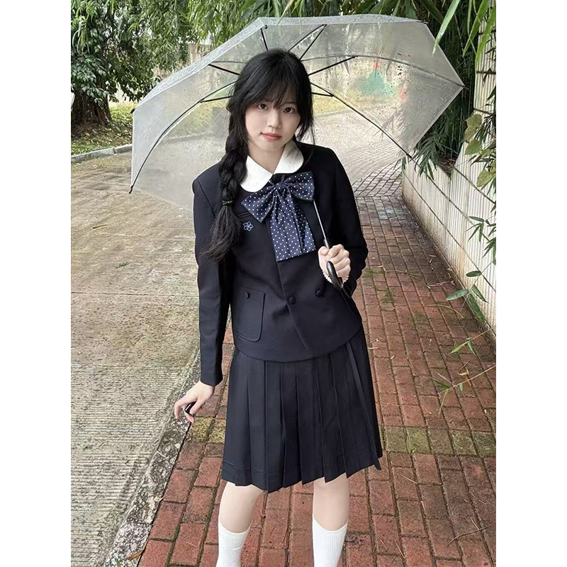 百搭原创小圆西服绀色外套新款校供感学院风基础款时尚短裙套装女