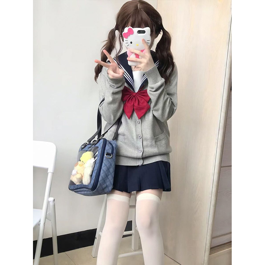 樱花妹秋冬JK制服v领针织开衫学院风纯灰色毛衣长袖宽松外套上衣