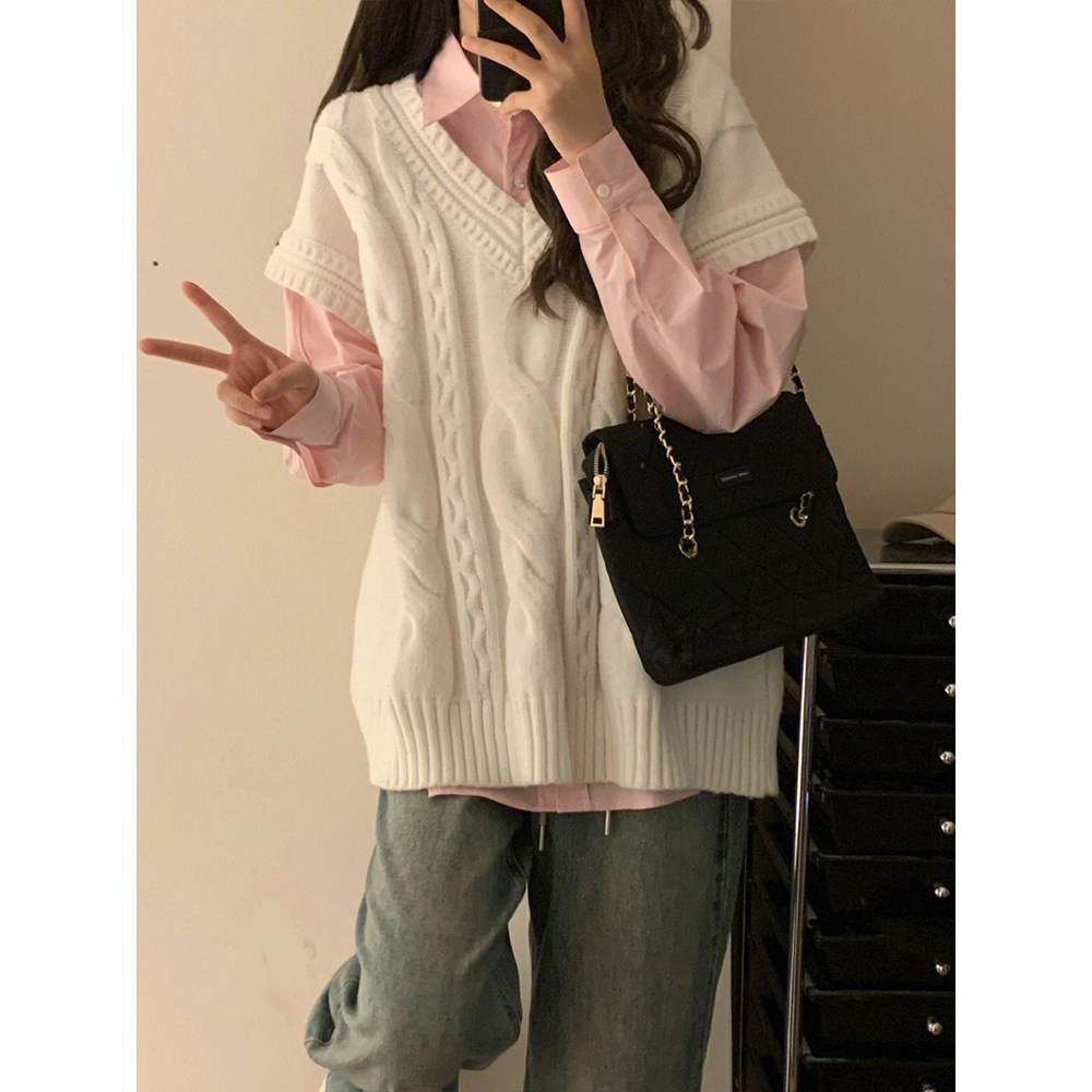 套装/单件校园风v领麻花针织马甲外搭毛衣背心女学生秋+长袖衬衫