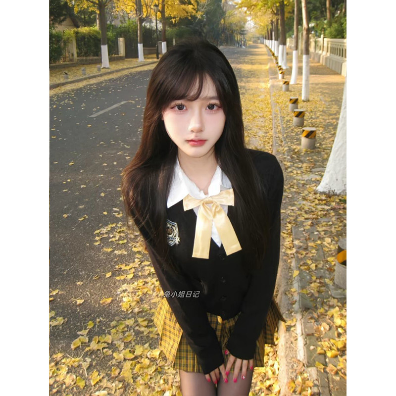 爆款秋冬JK制服向日葵JK甜美格裙套装短款针织毛衣开衫学院风上衣