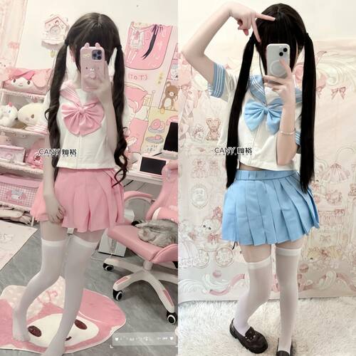 基础款彩虹战队水手服短袖衬衫jk制服浅蓝浅粉JK短裙原创百搭套装