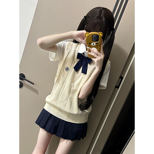 学院风甜美慵懒针织背心学生通勤马甲叠穿中山道线水手服短裙套装