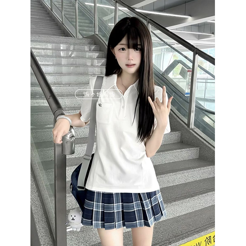 原创JK制服POLO收腰白色百搭短袖T恤百搭jk小田凌格裙一整套