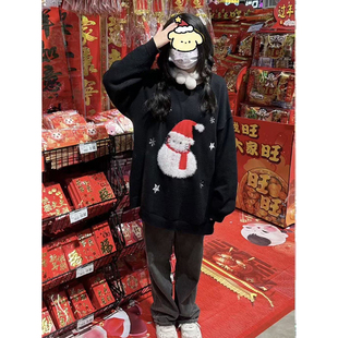 日系甜美复古圣诞雪人提花毛衣女学生毛茸茸宽松秋冬款针织衫上衣