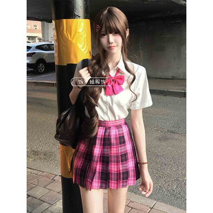 女 日系JK制服白色衬衫 短袖 宽松jk学院风穿搭小玫格裙一整套装 夏季