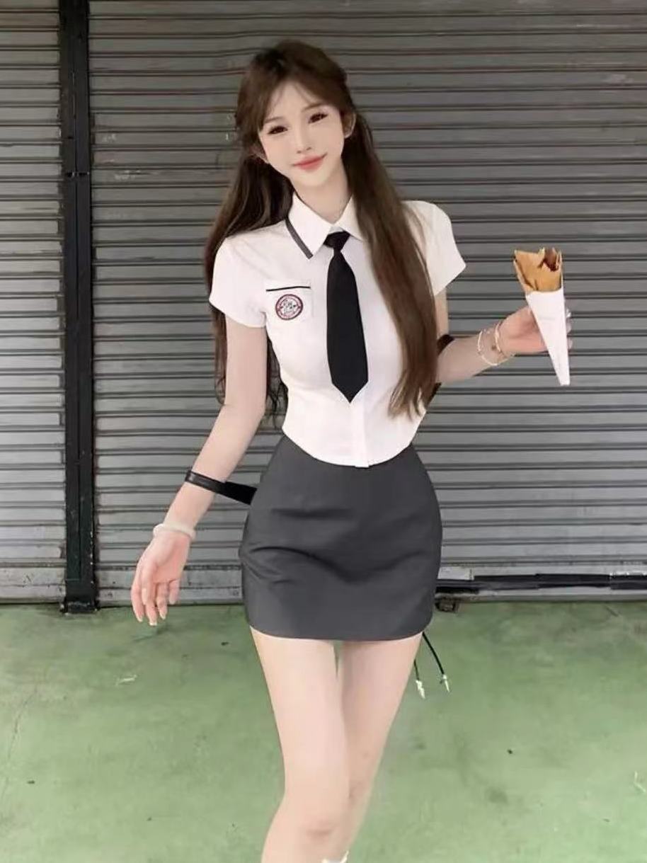 韩国校服白色收腰短袖衬衫套装夏季新款韩系学院衬衣修身短款套装