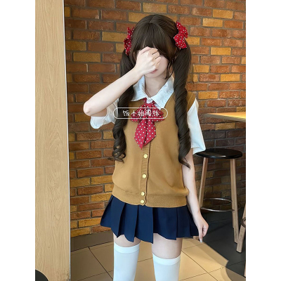 JK制服针织衫棕色马甲背心开衫新品女叠穿衬衫上衣绀JK短裙一整套