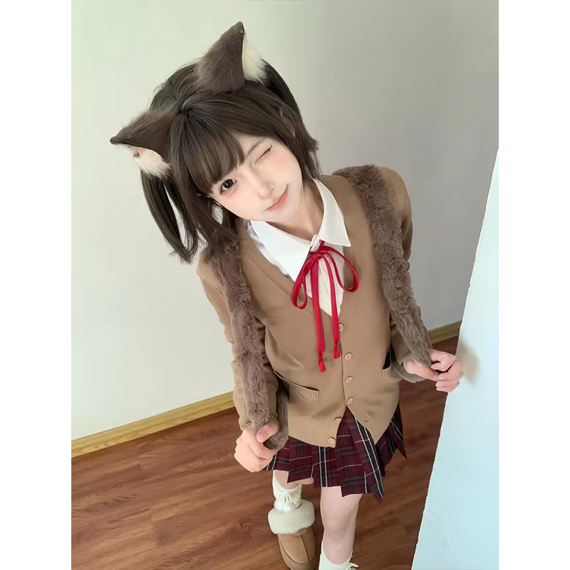 校供感穿搭V领针织衫棕色开衫外套叠穿百搭百褶裙JK制服秋冬套装