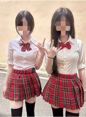 原创jk制服高腰半身显瘦百褶裙收腰衬衫小辣椒红色狗短格裙女春夏