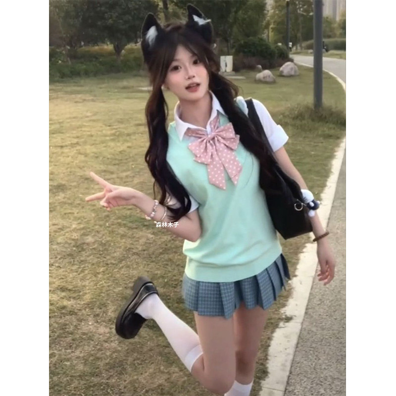 原创JK制服学院风绿色V领针织衫背心马甲百搭松蓝格裙短裙JK套装