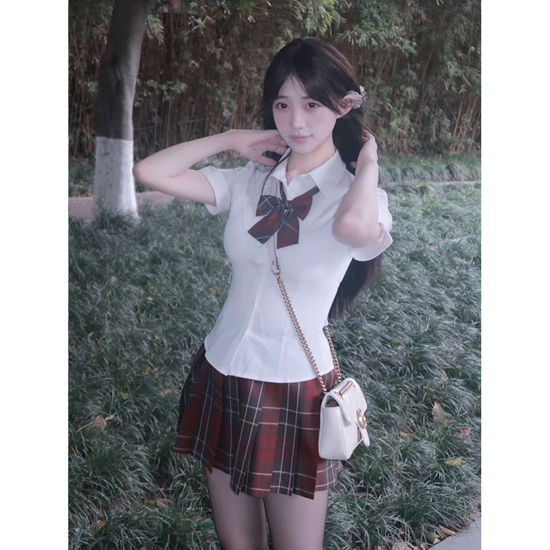 学院风套装白色衬衫短袖收腰百搭海棠红短裙原创JK制服夏季款整套