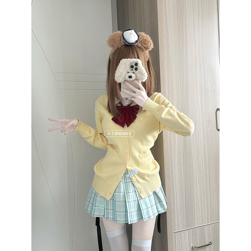 原创JK制服针织衫初秋黄色开衫薄款外套樱花妹叠穿宽松长袖白衬衫