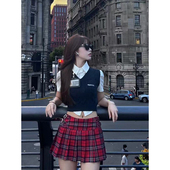 韩系学院风JK制服刺绣背心红格裙修身 新款 显瘦两件套 辣妹夏季 美式