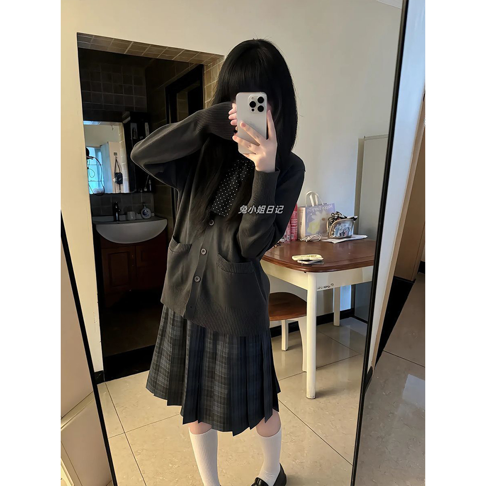 JK制服原创日系针织衫学院风开衫毛衣海苔长裙格裙校供感秋冬套装