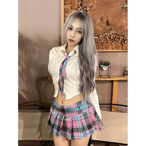 辣妹性感纯欲风穿搭ins超短紧身拉链衬衫百搭高腰紫格子短裙套装