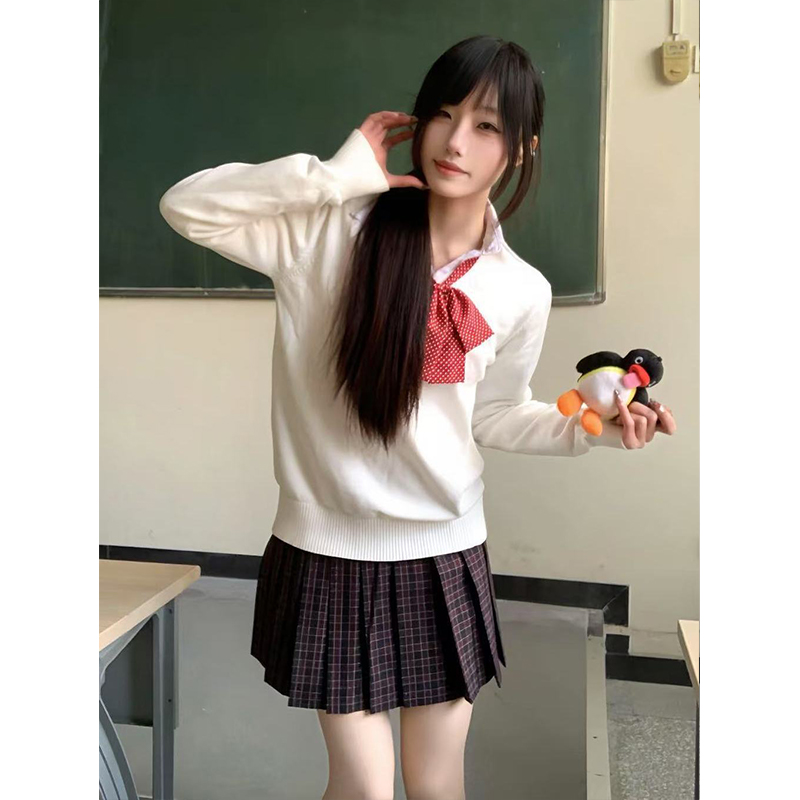 秋冬套装V领针织衫黑色毛衣学院风穿搭百搭新款久冬原创JK制服